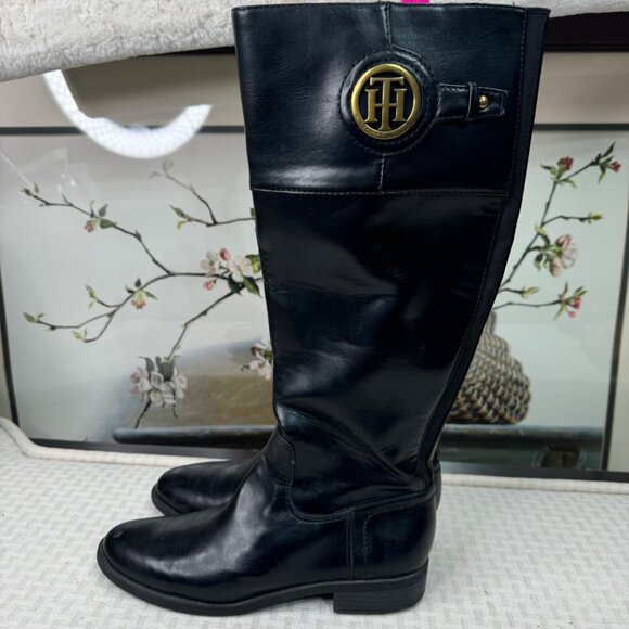 Tommy Hilfiger Black Leather Knee-High Boots 7.5 - Picture 1 of 9